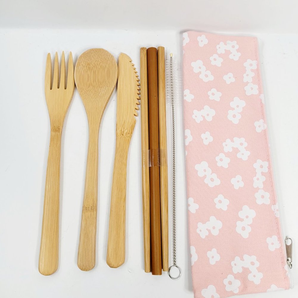 Bamboo Portable Utensils Cutlery - Pink Flowers Case . 7 Pieces Included.